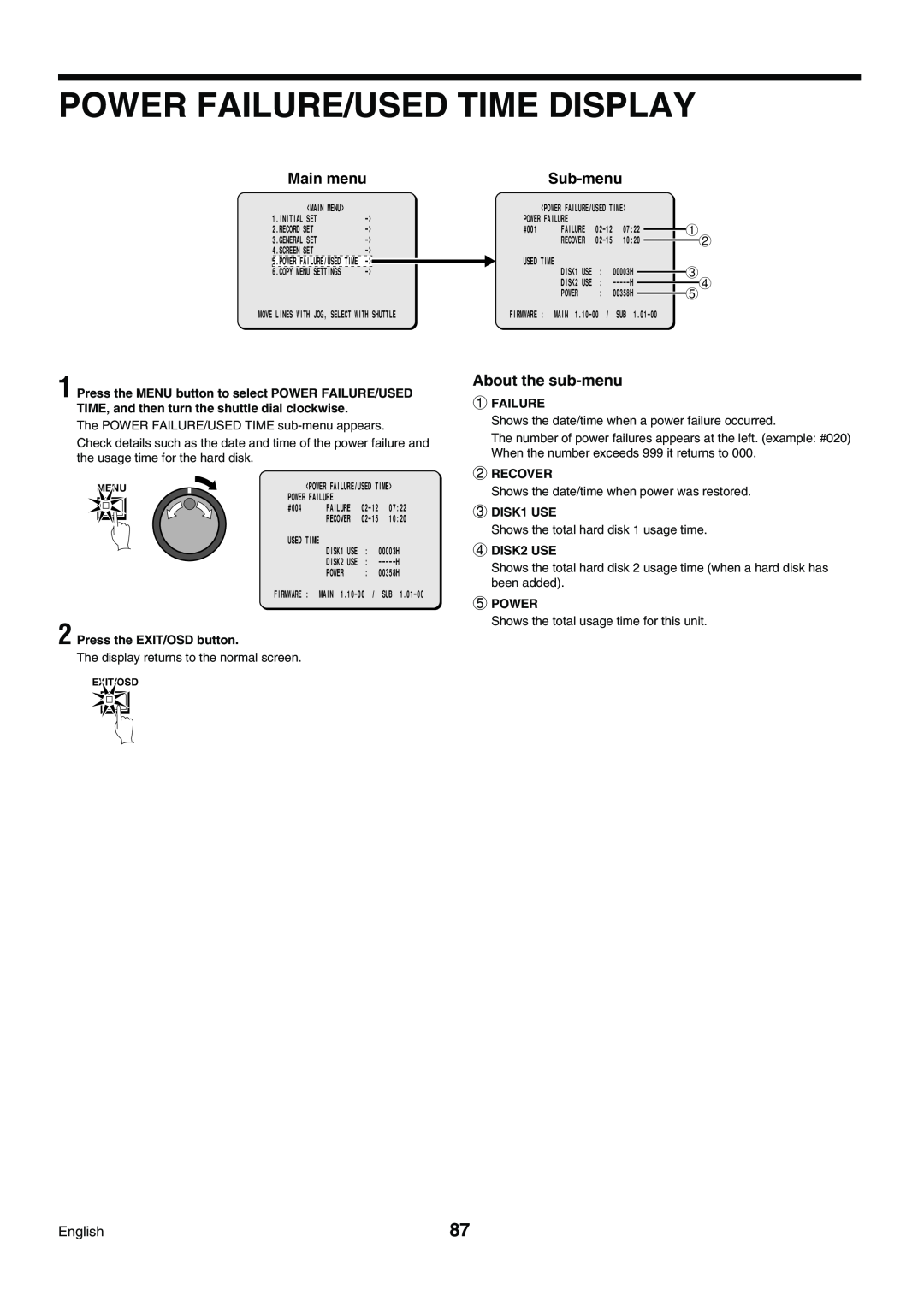 Sanyo DSR-3009P Power Failure/Used Time Display, Main menu, Sub-menu, About the sub-menu, Press the EXIT/OSD button 
