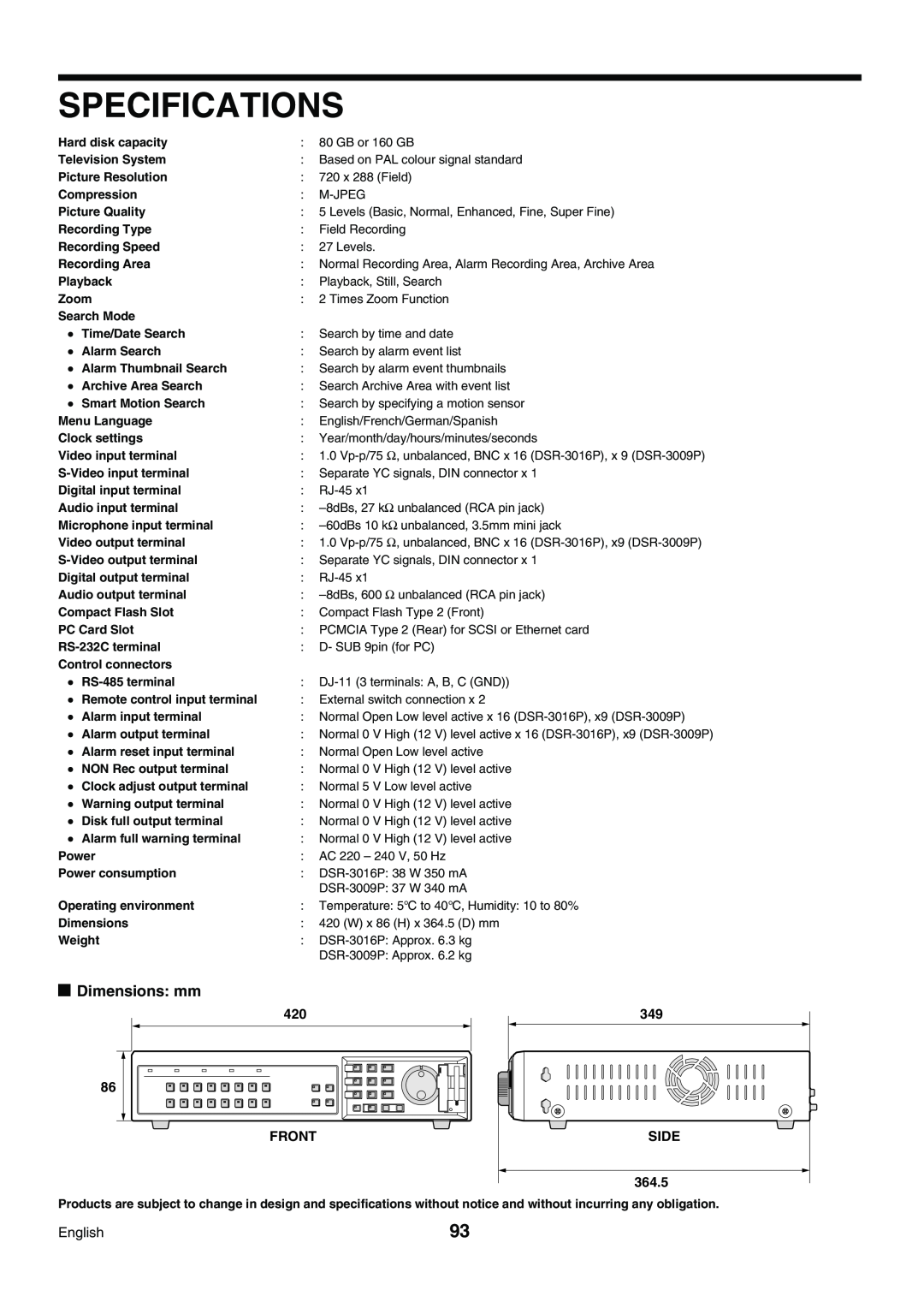 Sanyo DSR-3009P instruction manual Specifications, Dimensions mm, Front, SIDE 364.5 