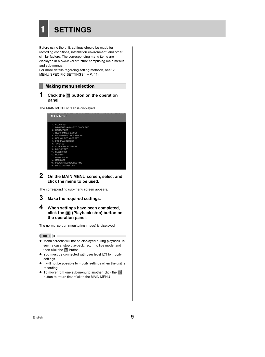 Sanyo DSR-3506P Settings, Making menu selection, Click the button on the operation panel, Main Menu screen is displayed 