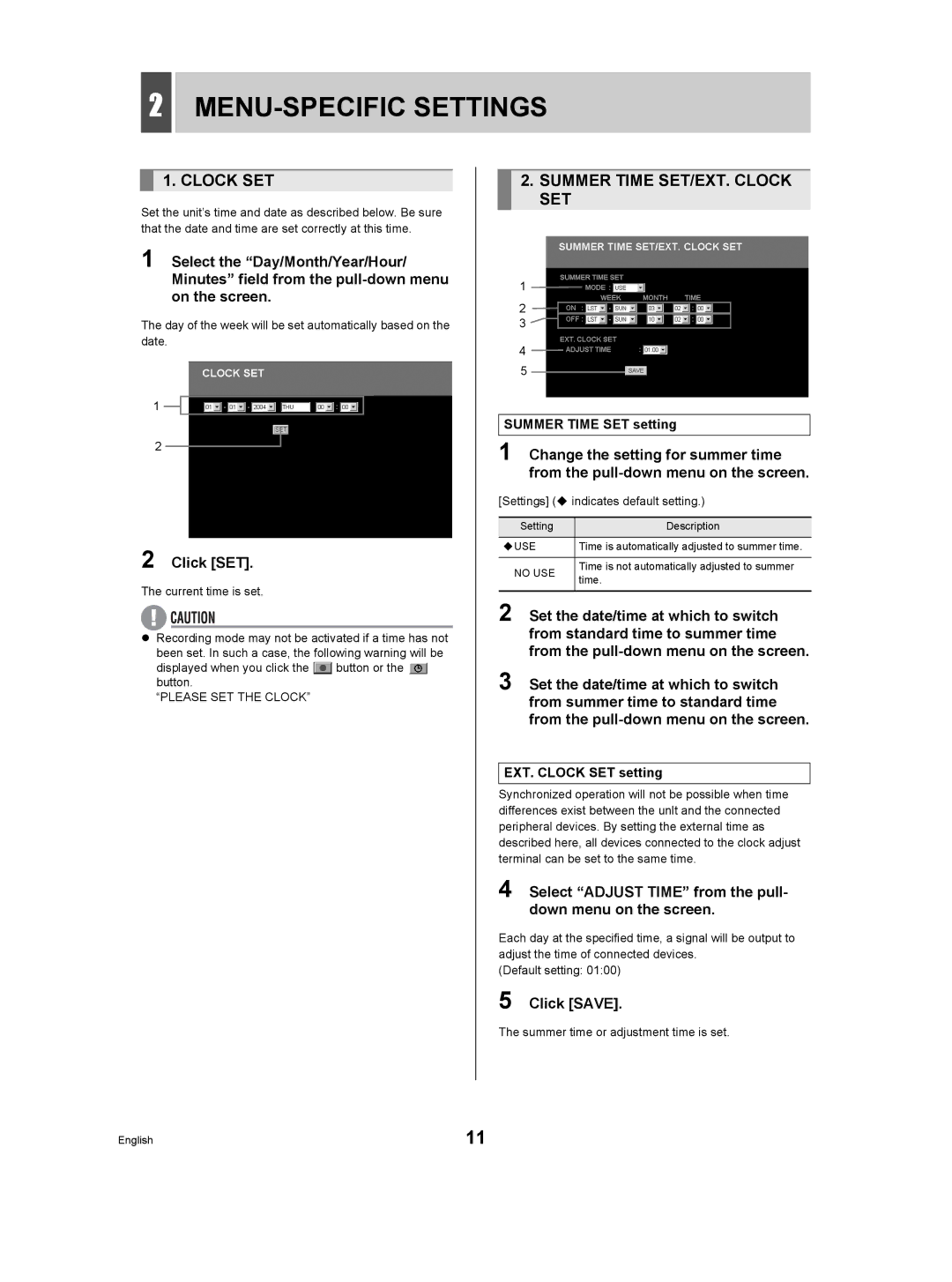 Sanyo DSR-3506P manual MENU-SPECIFIC Settings, Summer Time SET/EXT. Clock SET 