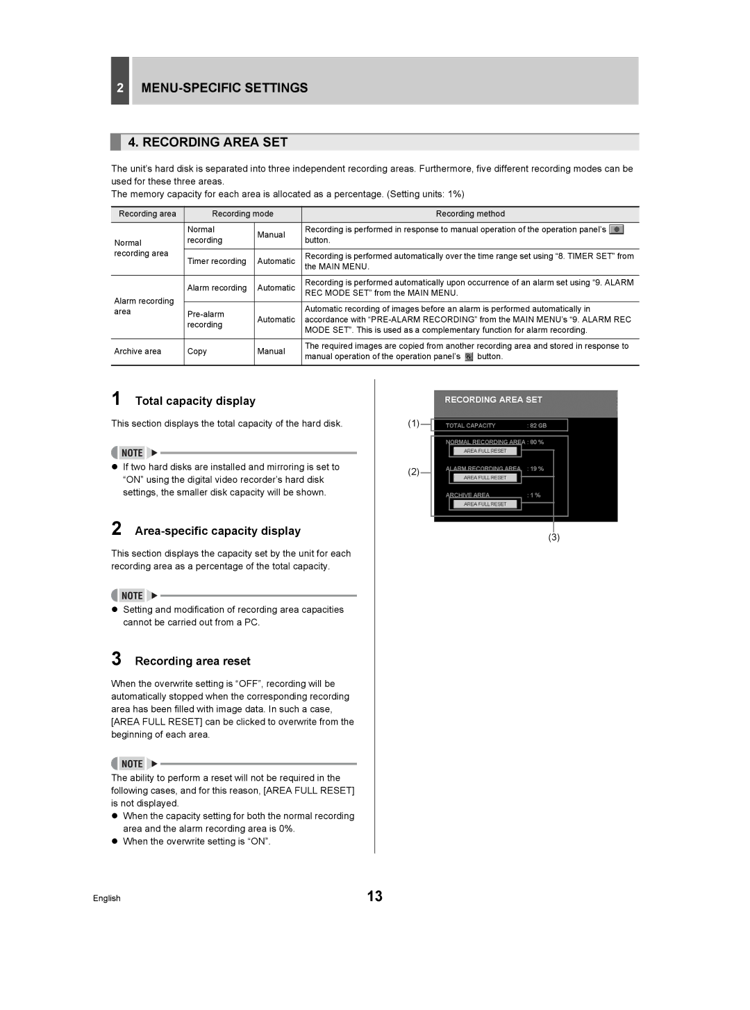 Sanyo DSR-3506P manual MENU-SPECIFIC Settings Recording Area SET, Total capacity display, Area-specific capacity display 