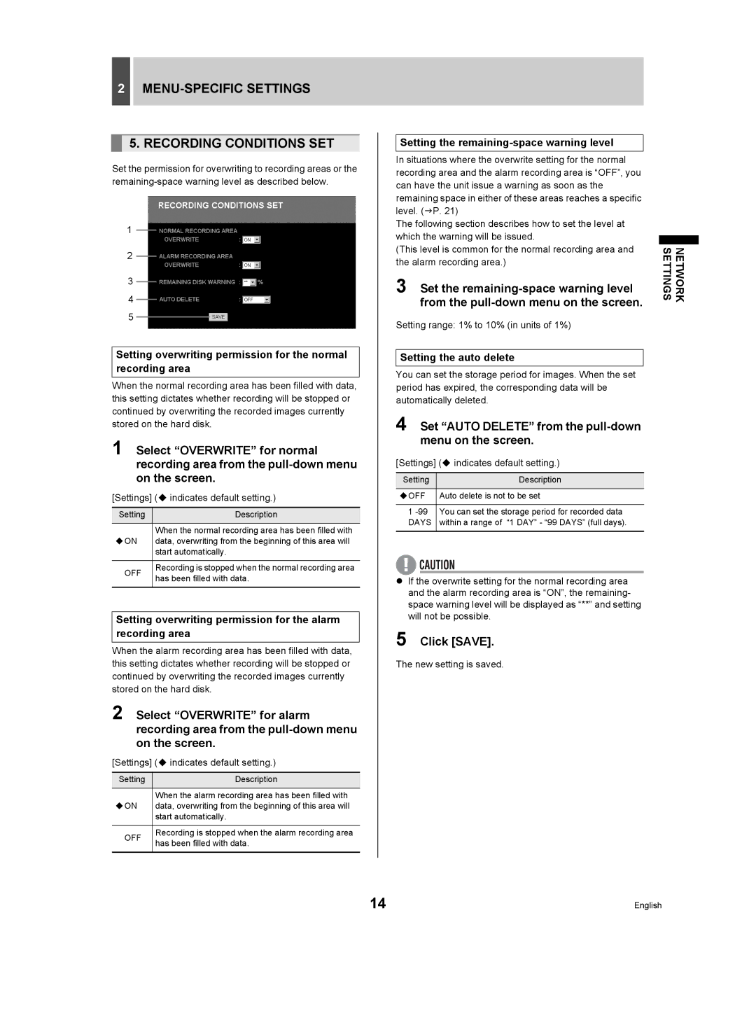 Sanyo DSR-3506P MENU-SPECIFIC Settings Recording Conditions SET, Set Auto Delete from the pull-down menu on the screen 