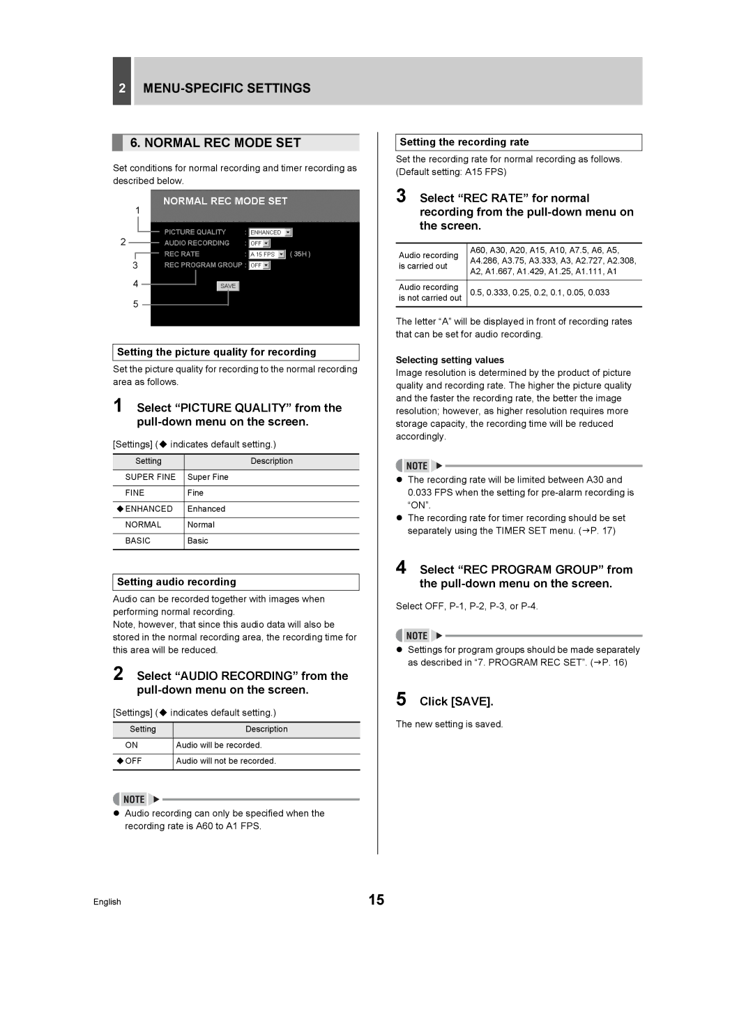 Sanyo DSR-3506P manual MENU-SPECIFIC Settings Normal REC Mode SET, Setting the picture quality for recording 