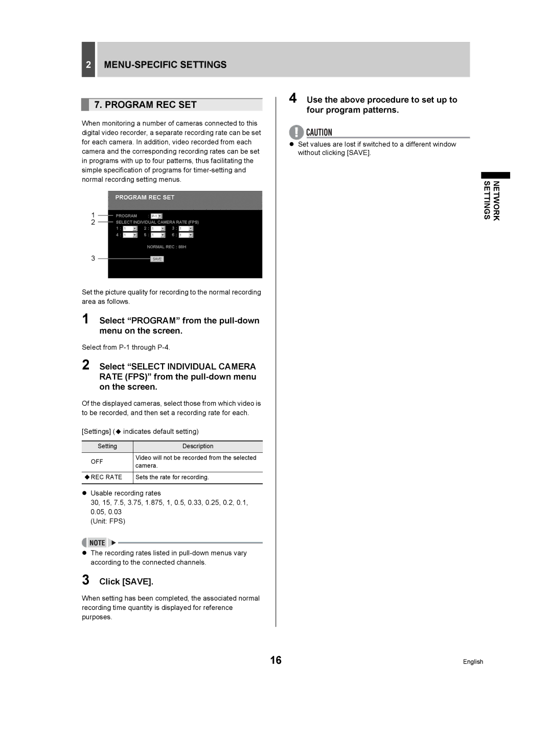 Sanyo DSR-3506P manual MENU-SPECIFIC Settings Program REC SET, Select Program from the pull-down menu on the screen 