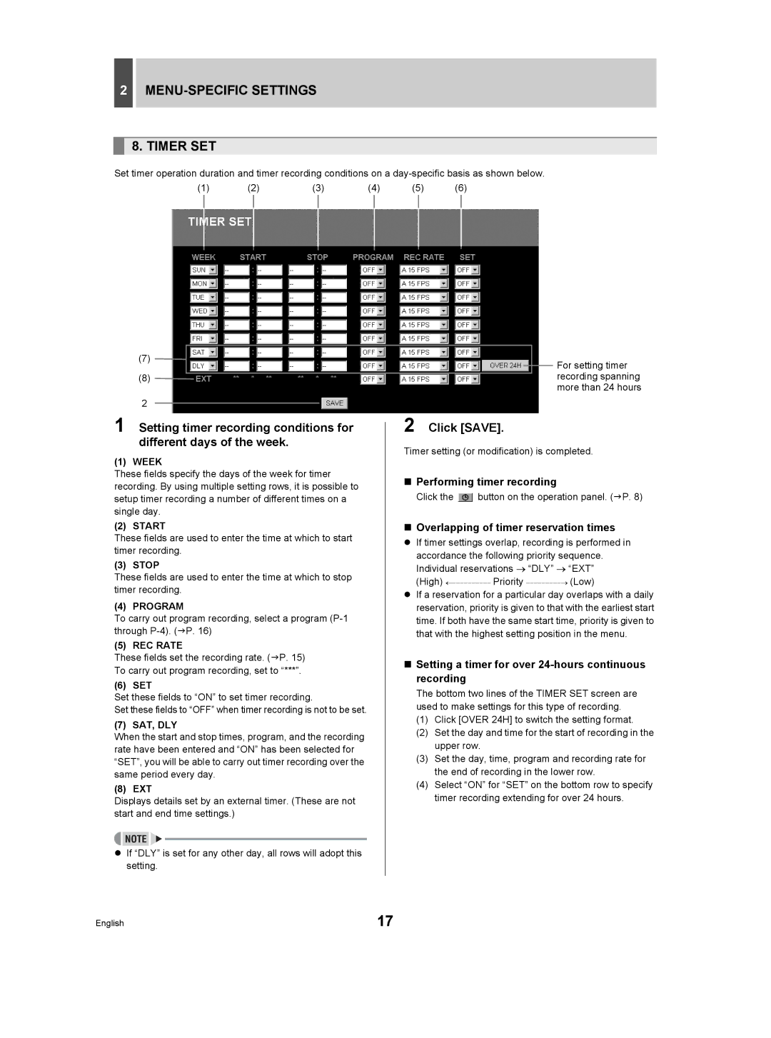 Sanyo DSR-3506P MENU-SPECIFIC Settings Timer SET, „ Performing timer recording, „ Overlapping of timer reservation times 