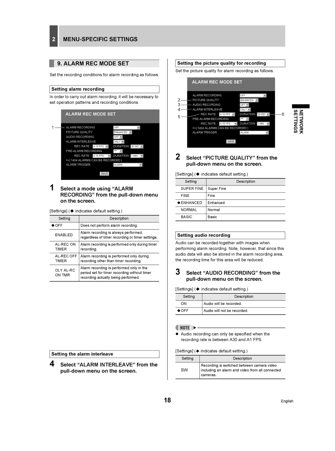 Sanyo DSR-3506P manual MENU-SPECIFIC Settings Alarm REC Mode SET, Setting alarm recording, Setting the alarm interleave 