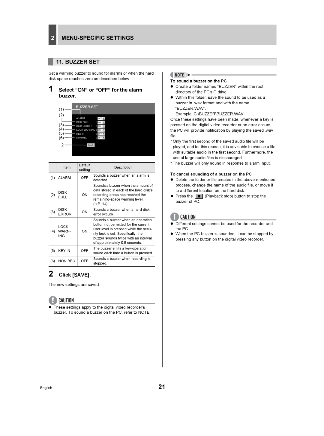 Sanyo DSR-3506P manual MENU-SPECIFIC Settings Buzzer SET, Select on or OFF for the alarm buzzer, New settings are saved 