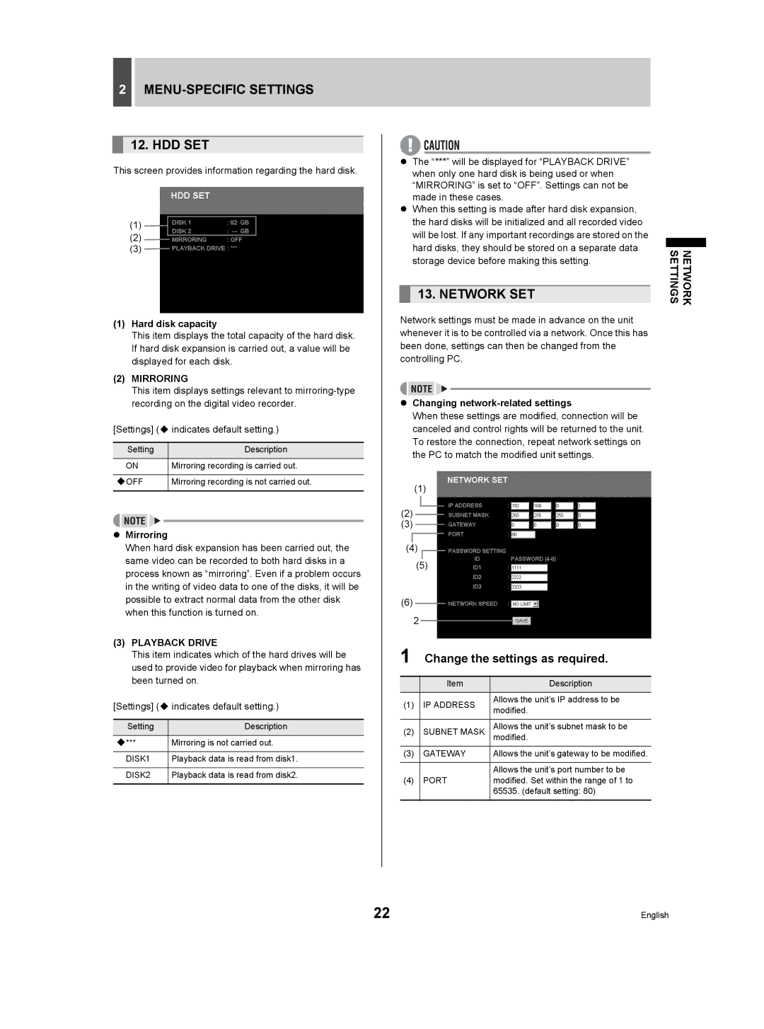 Sanyo DSR-3506P MENU-SPECIFIC Settings HDD SET, Network SET, Change the settings as required, Mirroring, Playback Drive 