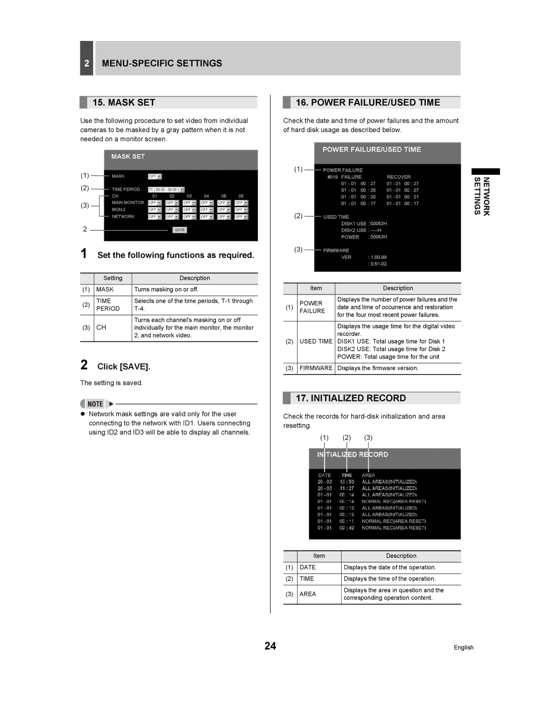 Sanyo DSR-3506P manual MENU-SPECIFIC Settings Mask SET, Power FAILURE/USED Time, Initialized Record, Setting is saved 