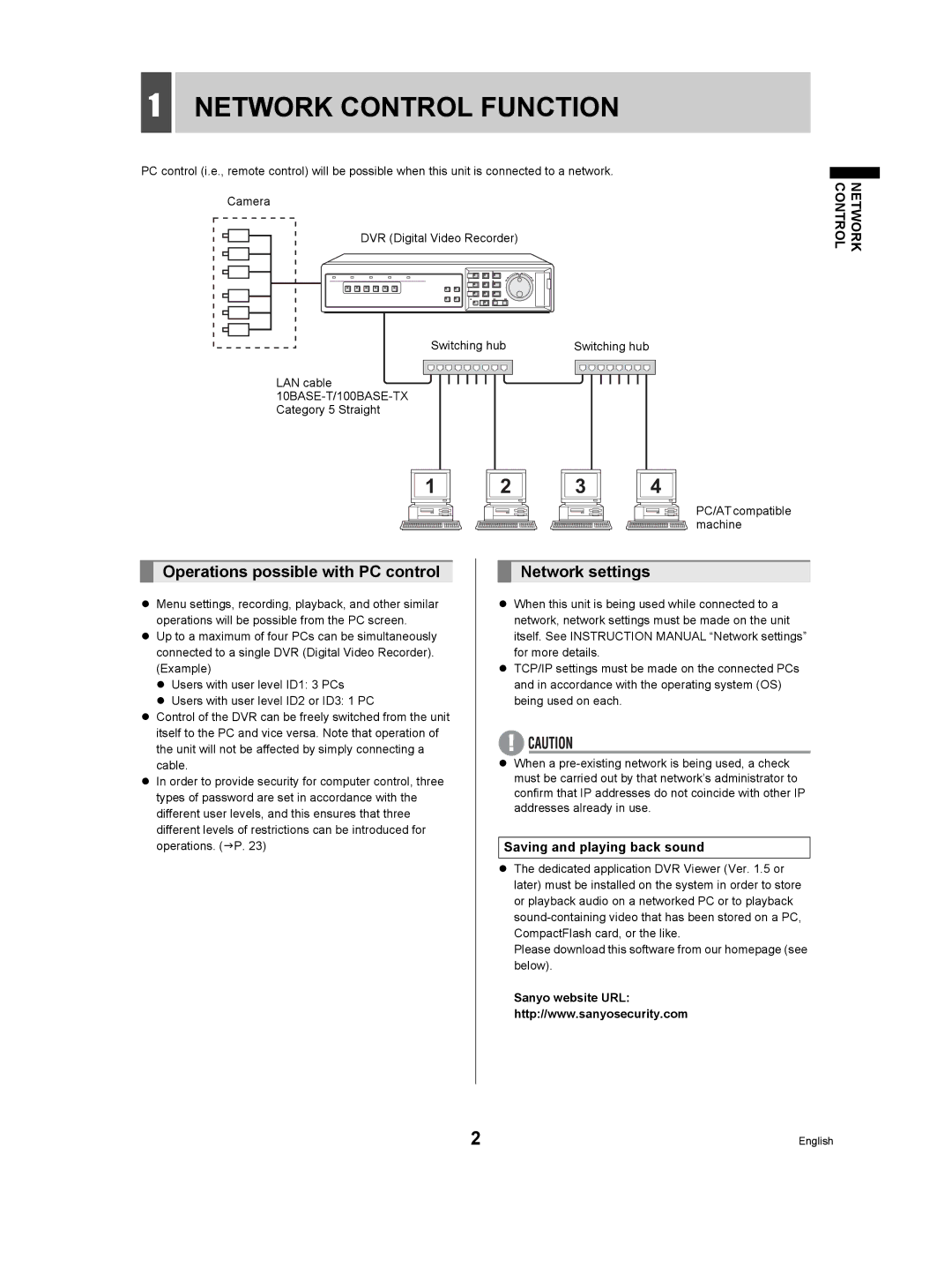 Sanyo DSR-3506P manual Network Control Function, Operations possible with PC control, Network settings 