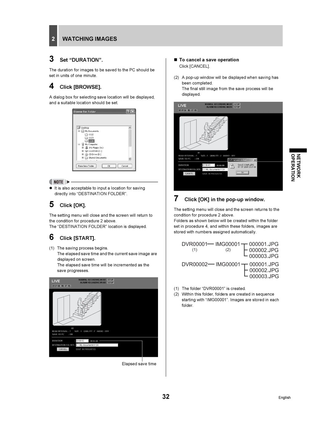 Sanyo DSR-3506P manual Set Duration, Click Browse, Click Start, Click OK in the pop-up window, „ To cancel a save operation 