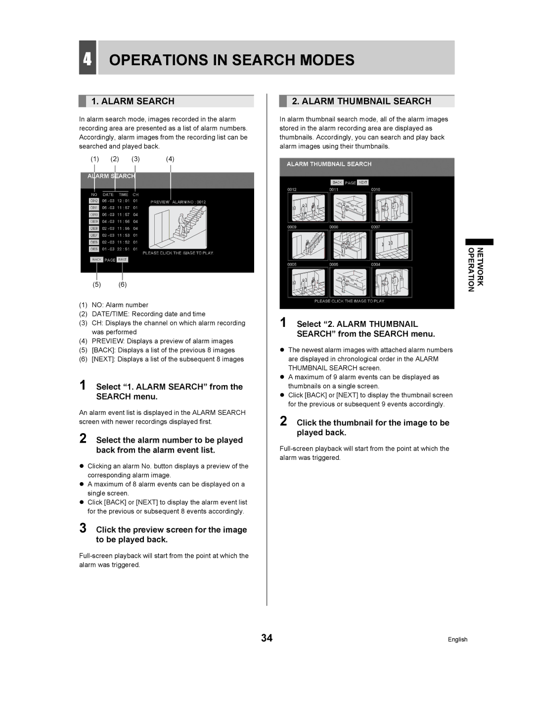 Sanyo DSR-3506P manual Operations in Search Modes, Alarm Search, Alarm Thumbnail Search 