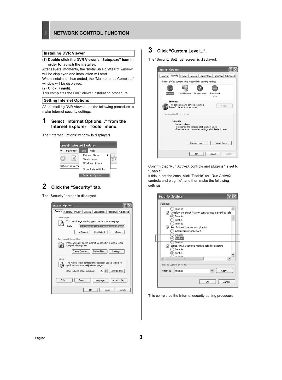 Sanyo DSR-3506P manual Network Control Function, Click the Security tab, Click Custom Level, Installing DVR Viewer 