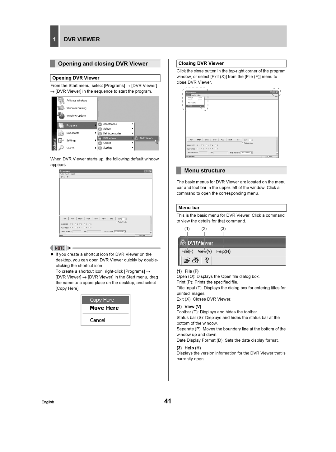 Sanyo DSR-3506P manual Opening and closing DVR Viewer, Opening DVR Viewer, Closing DVR Viewer, Menu bar 