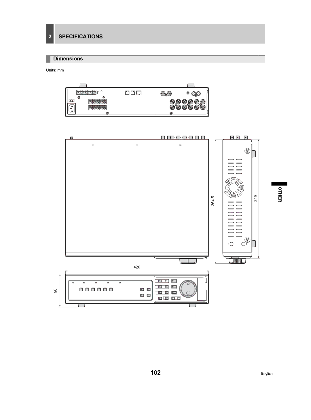 Sanyo DSR-3506P manual Specifications, Dimensions, Units mm 364.5 420 349 