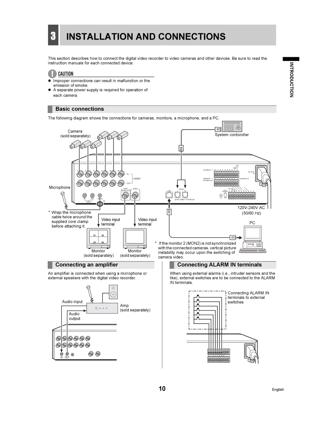 Sanyo DSR-3506P Installation and Connections, Basic connections, Connecting an amplifier, Connecting Alarm in terminals 