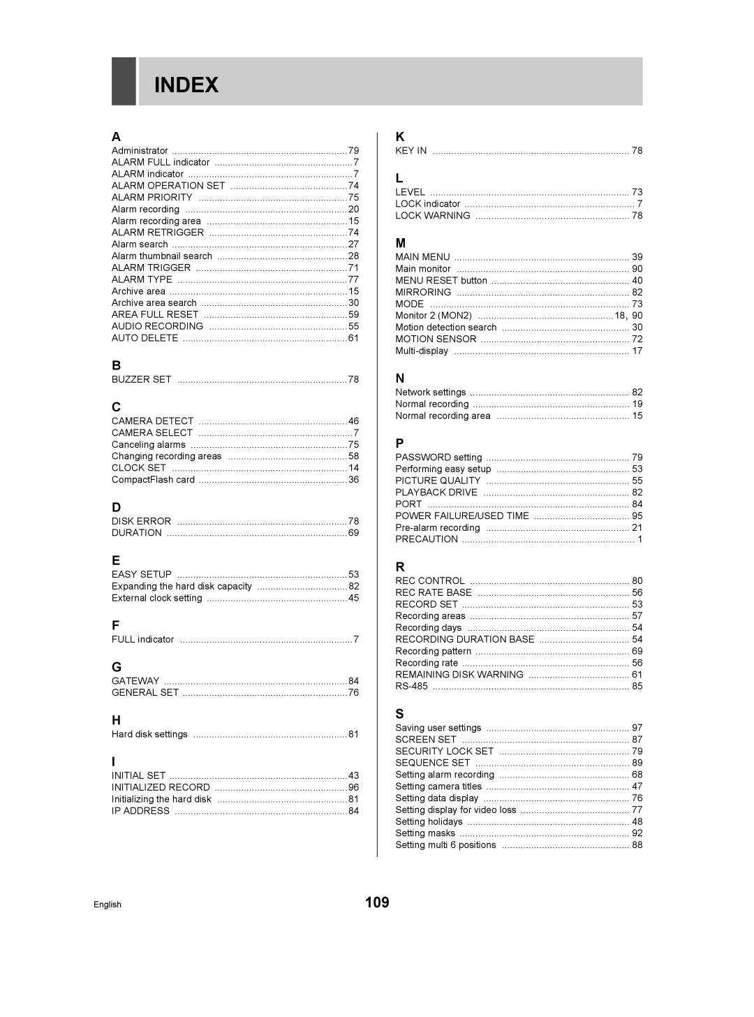 Sanyo DSR-3506P manual Index 