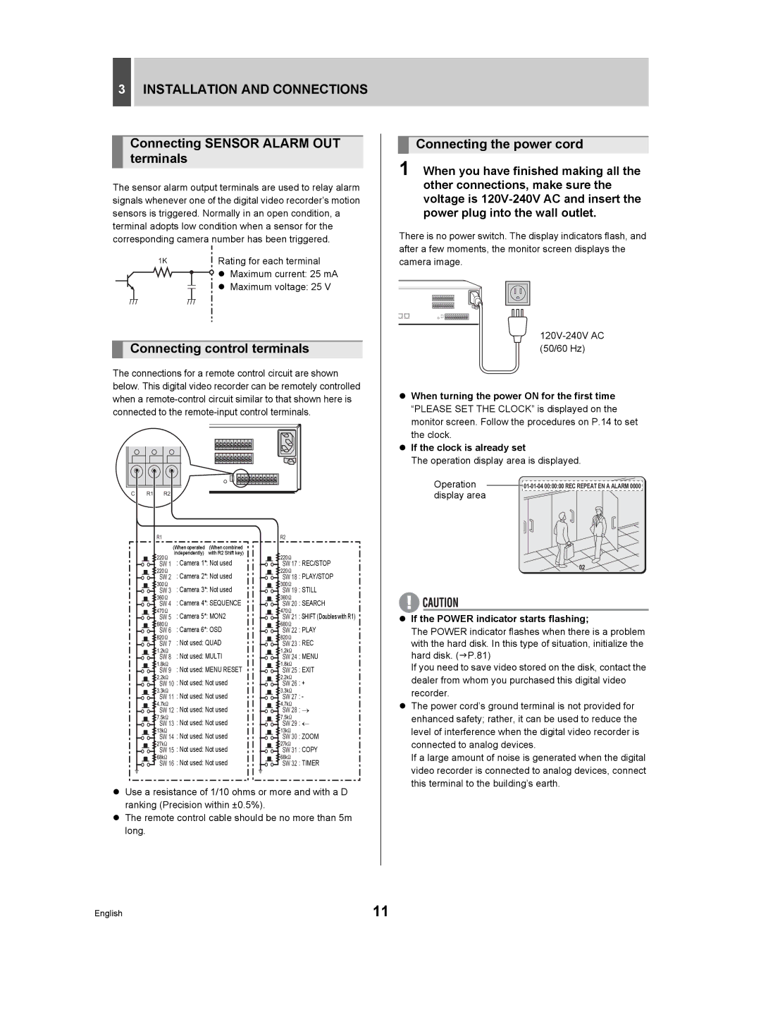 Sanyo DSR-3506P manual Installation and Connections, Connecting Sensor Alarm OUT terminals, Connecting control terminals 