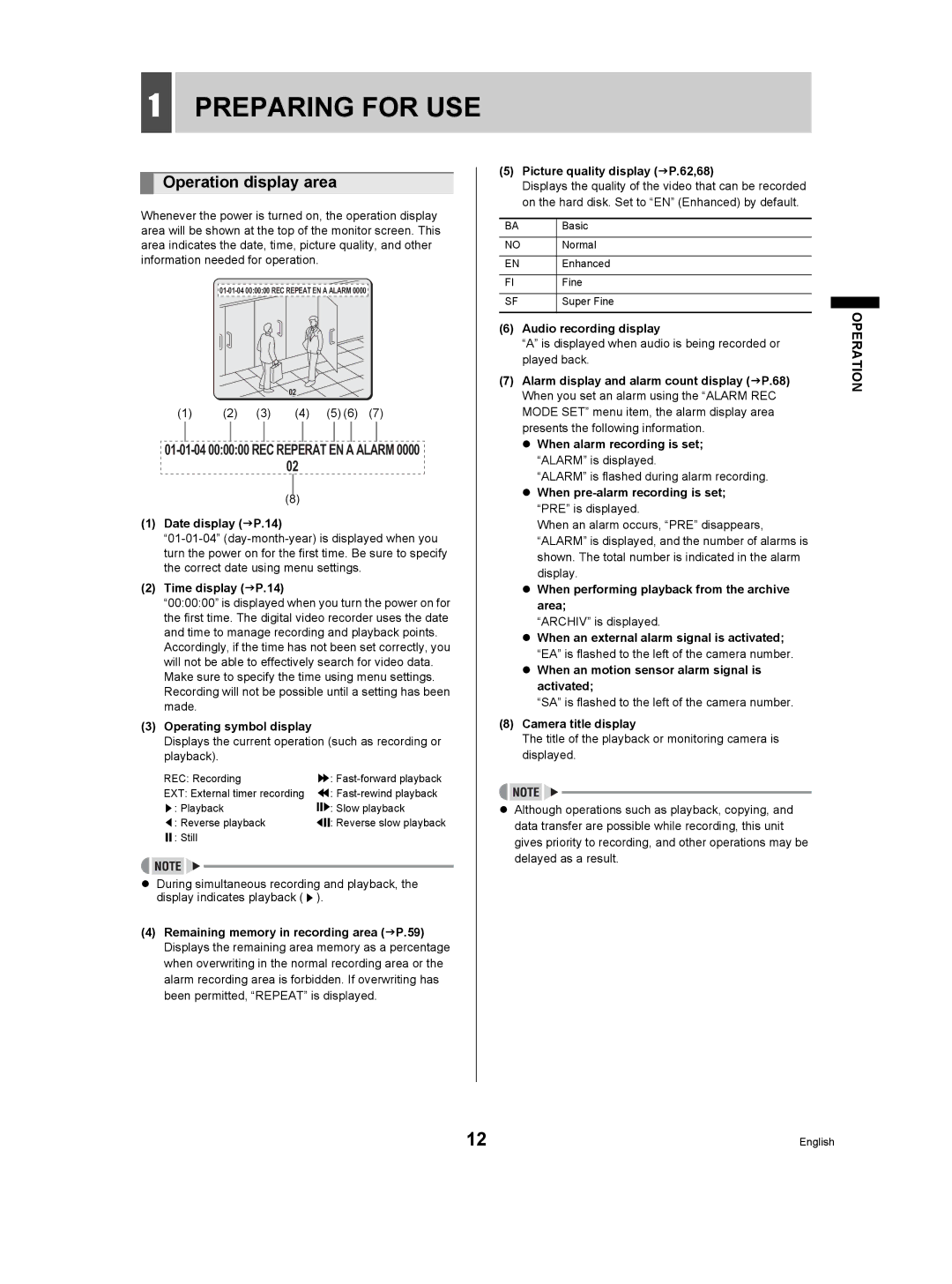 Sanyo DSR-3506P manual Preparing for USE, Operation display area, 01-01-04 000000 REC Reperat EN a Alarm 