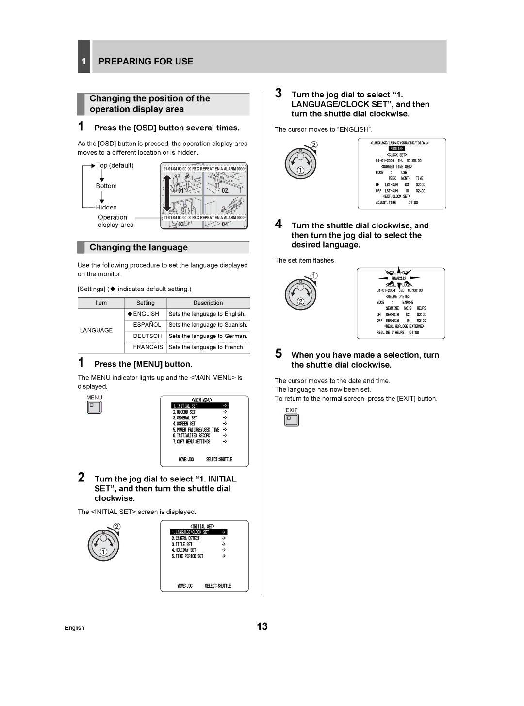 Sanyo DSR-3506P manual Preparing for USE, Changing the position of the operation display area, Changing the language 