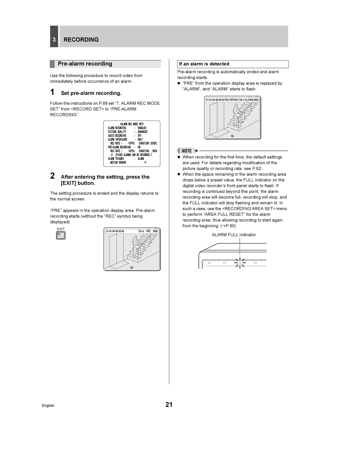 Sanyo DSR-3506P manual Pre-alarm recording, Set pre-alarm recording, After entering the setting, press the Exit button 