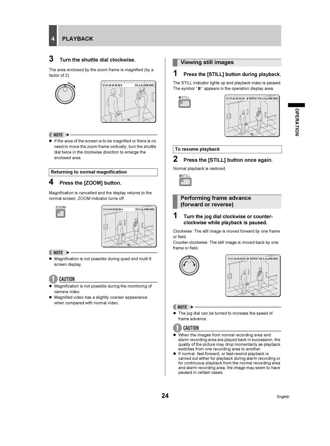 Sanyo DSR-3506P manual Viewing still images, Performing frame advance forward or reverse, Press the Zoom button 