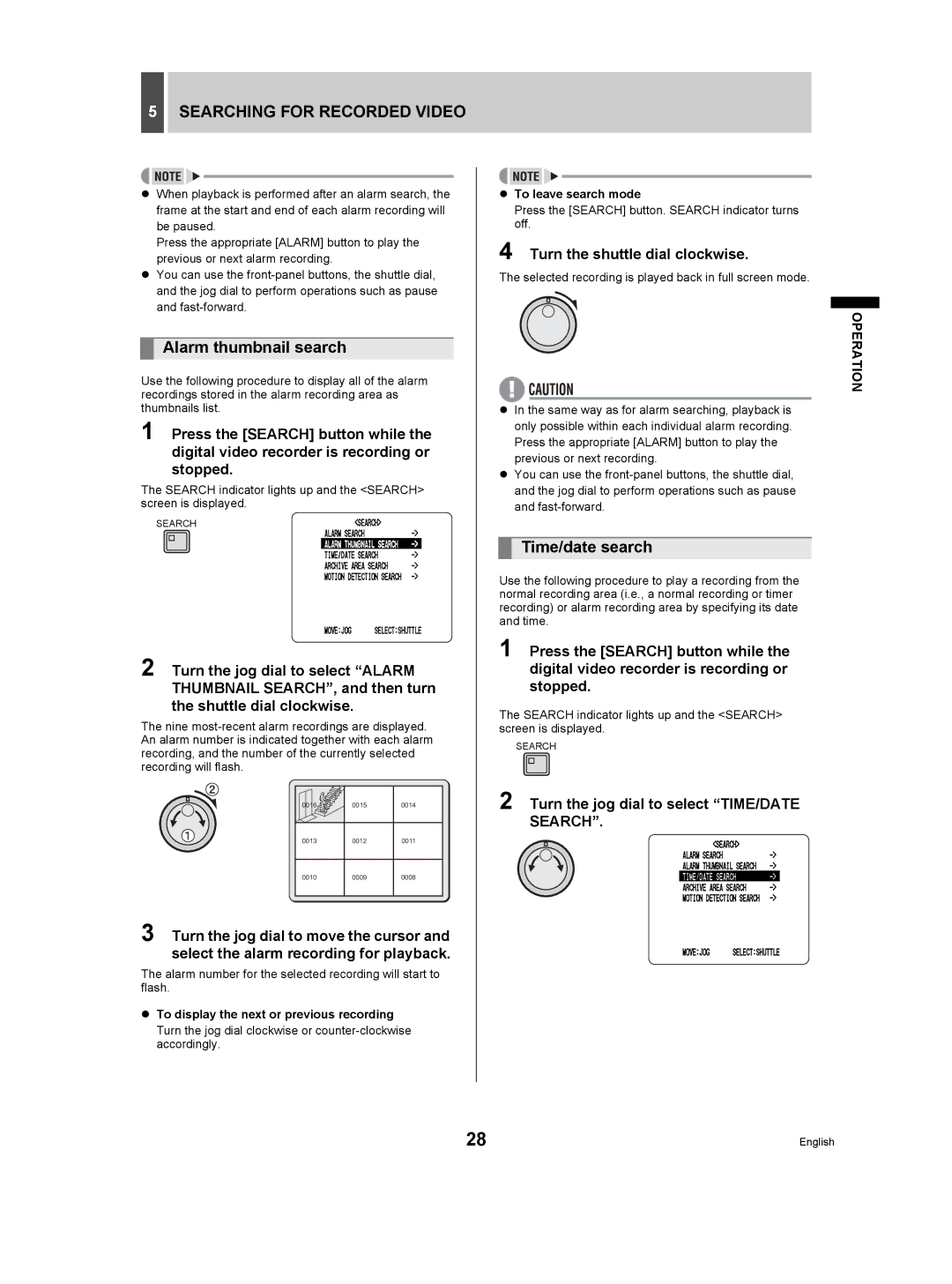 Sanyo DSR-3506P manual Alarm thumbnail search, Time/date search, Turn the jog dial to select TIME/DATE Search 