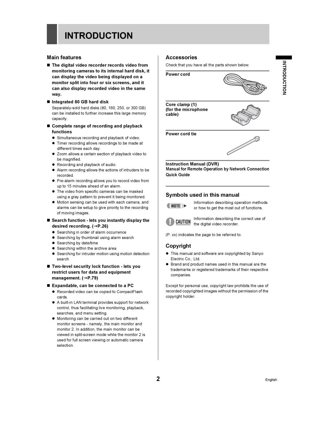 Sanyo DSR-3506P Introduction, Main features, Accessories, Symbols used in this manual, Copyright 