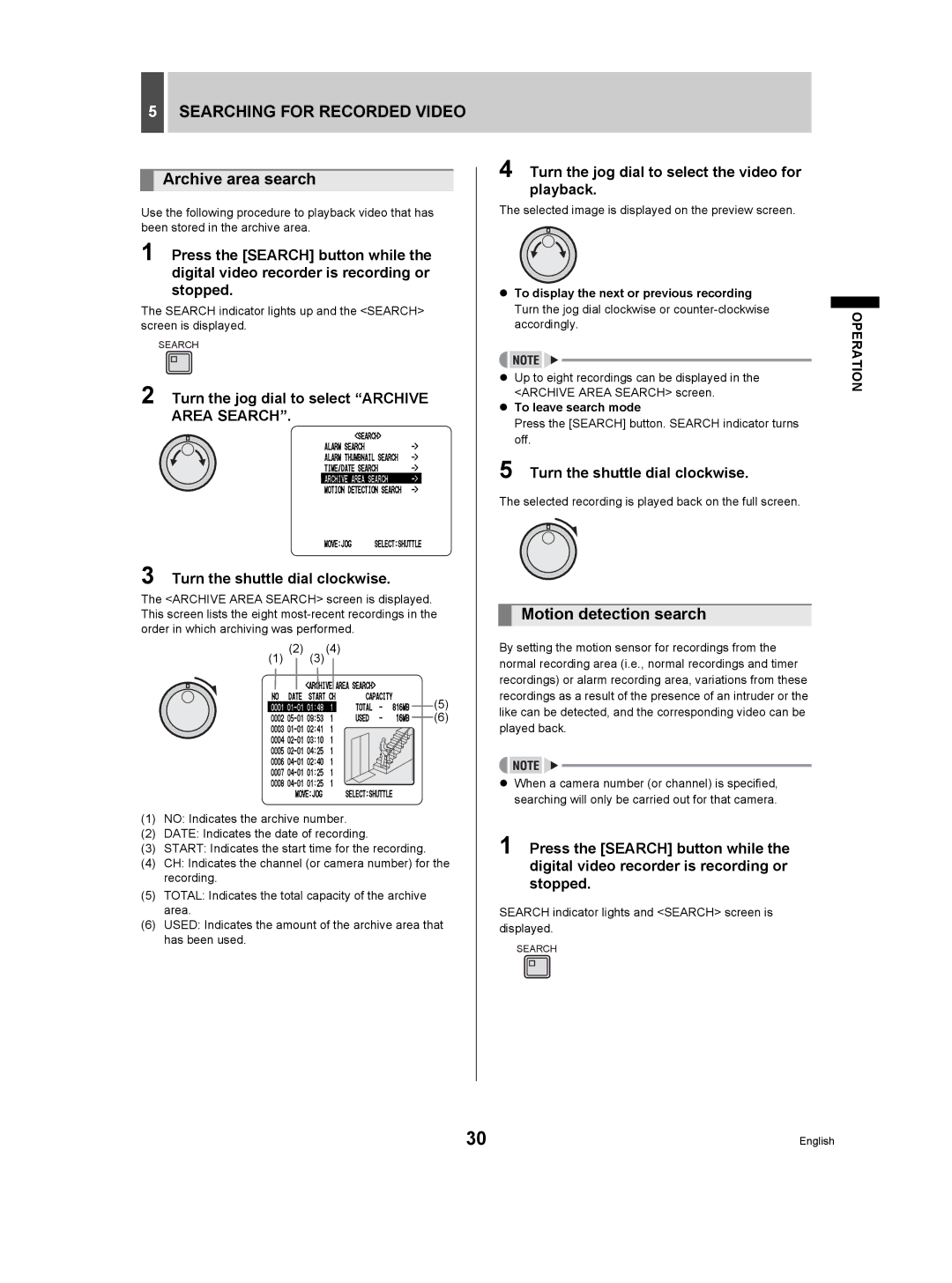 Sanyo DSR-3506P manual Archive area search, Motion detection search, Turn the jog dial to select the video for playback 