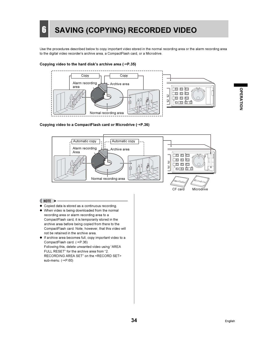 Sanyo DSR-3506P manual Saving Copying Recorded Video, Copying video to the hard disk’s archive area JP.35 