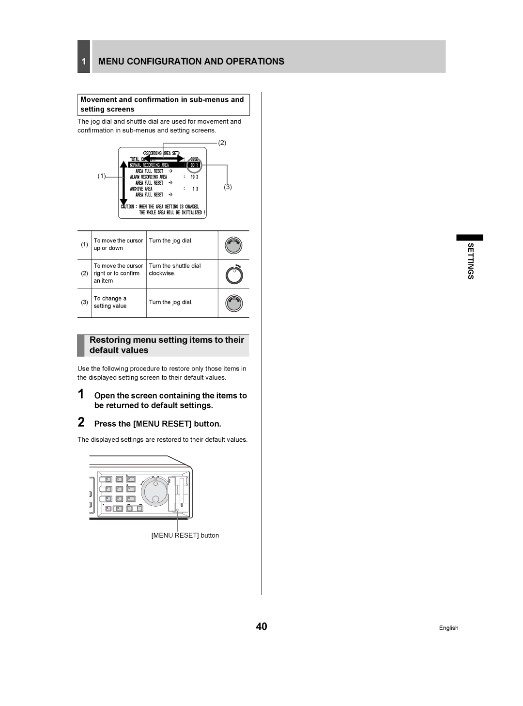 Sanyo DSR-3506P manual Menu Configuration and Operations, Restoring menu setting items to their default values 