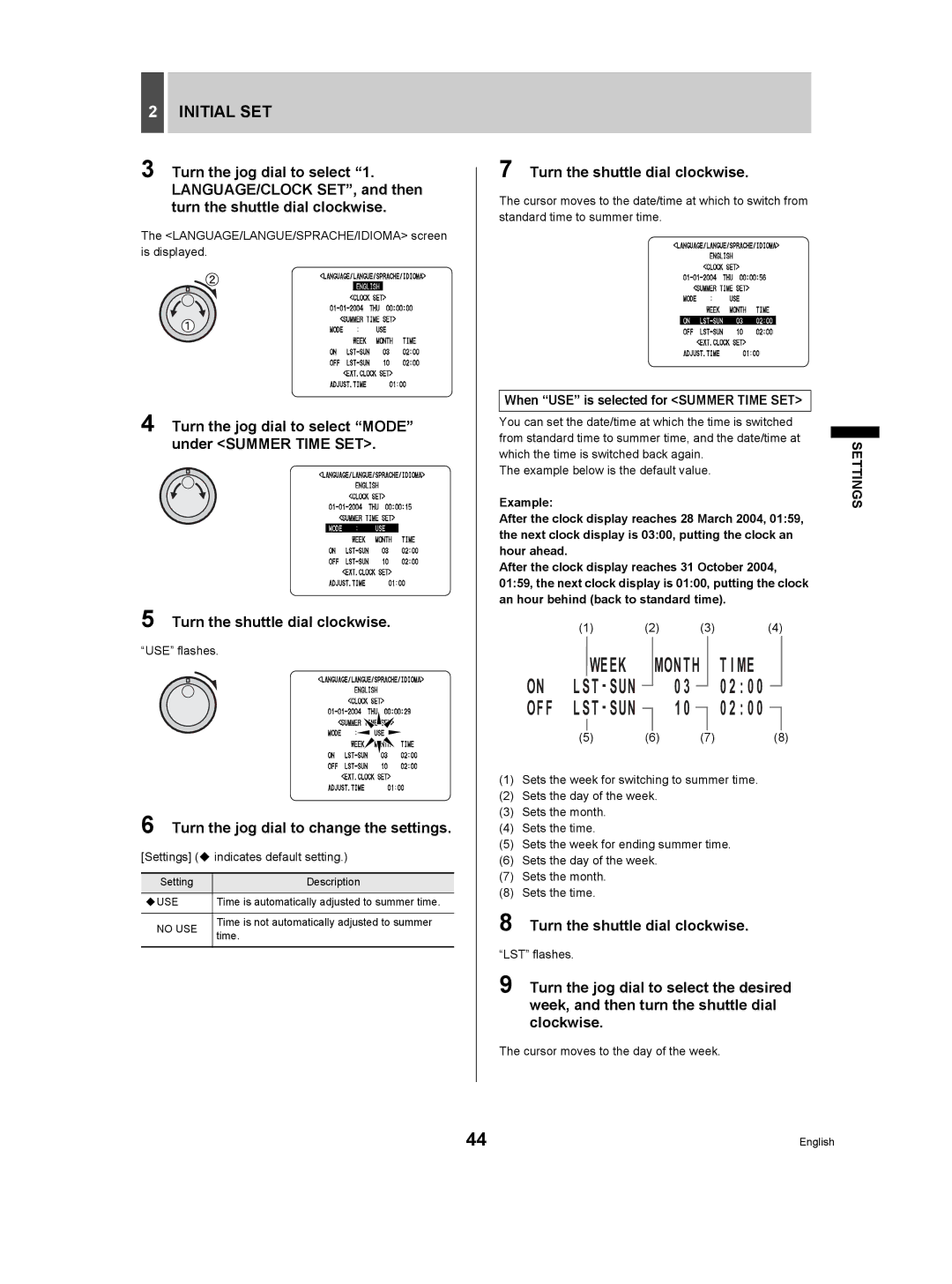 Sanyo DSR-3506P manual Initial SET, Turn the jog dial to change the settings, When USE is selected for Summer Time SET 
