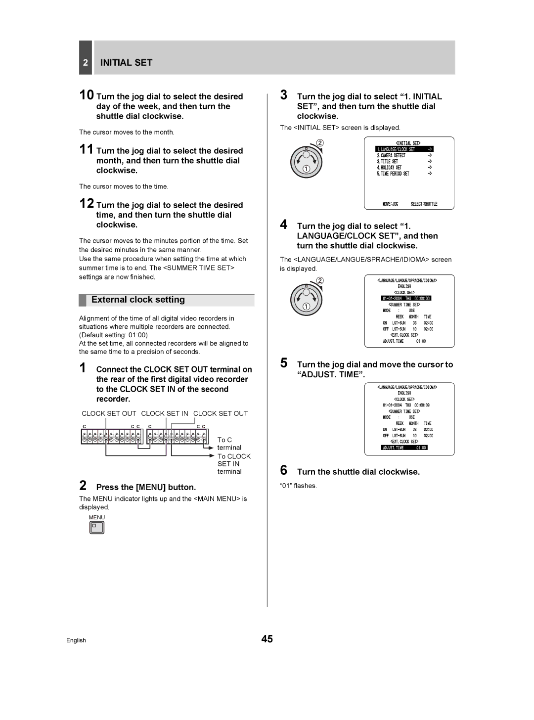 Sanyo DSR-3506P manual External clock setting, Cursor moves to the month, Cursor moves to the time, Flashes 