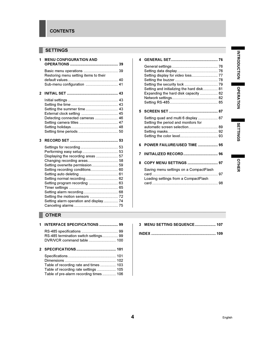 Sanyo DSR-3506P manual Contents Settings, Other 