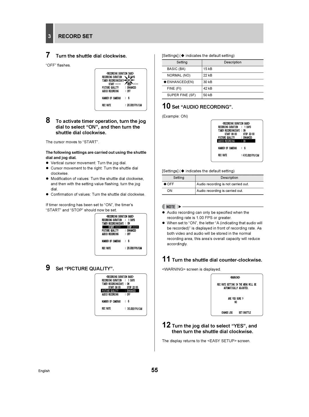 Sanyo DSR-3506P manual Set Picture Quality, Set Audio Recording, Turn the shuttle dial counter-clockwise 
