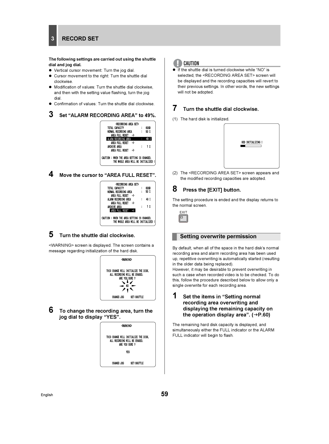 Sanyo DSR-3506P manual Setting overwrite permission, Turn the shuttle dial clockwise 