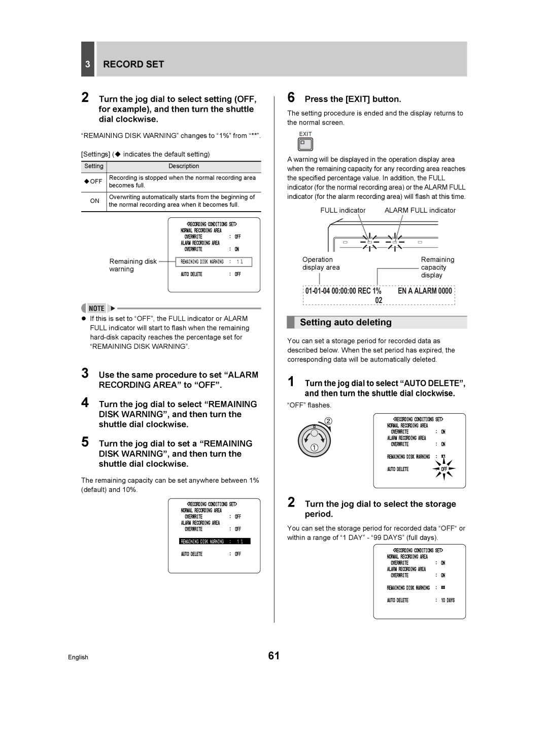 Sanyo DSR-3506P manual Setting auto deleting, Turn the jog dial to select the storage period, 01-01-04 000000 REC 1% 