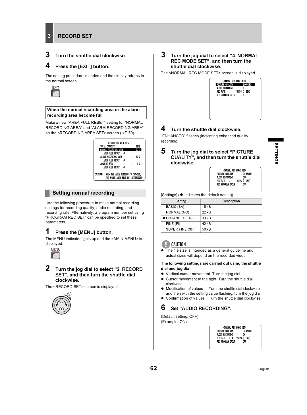 Sanyo DSR-3506P manual Setting normal recording, Turn the shuttle dial clockwise Press the Exit button, Clockwise 