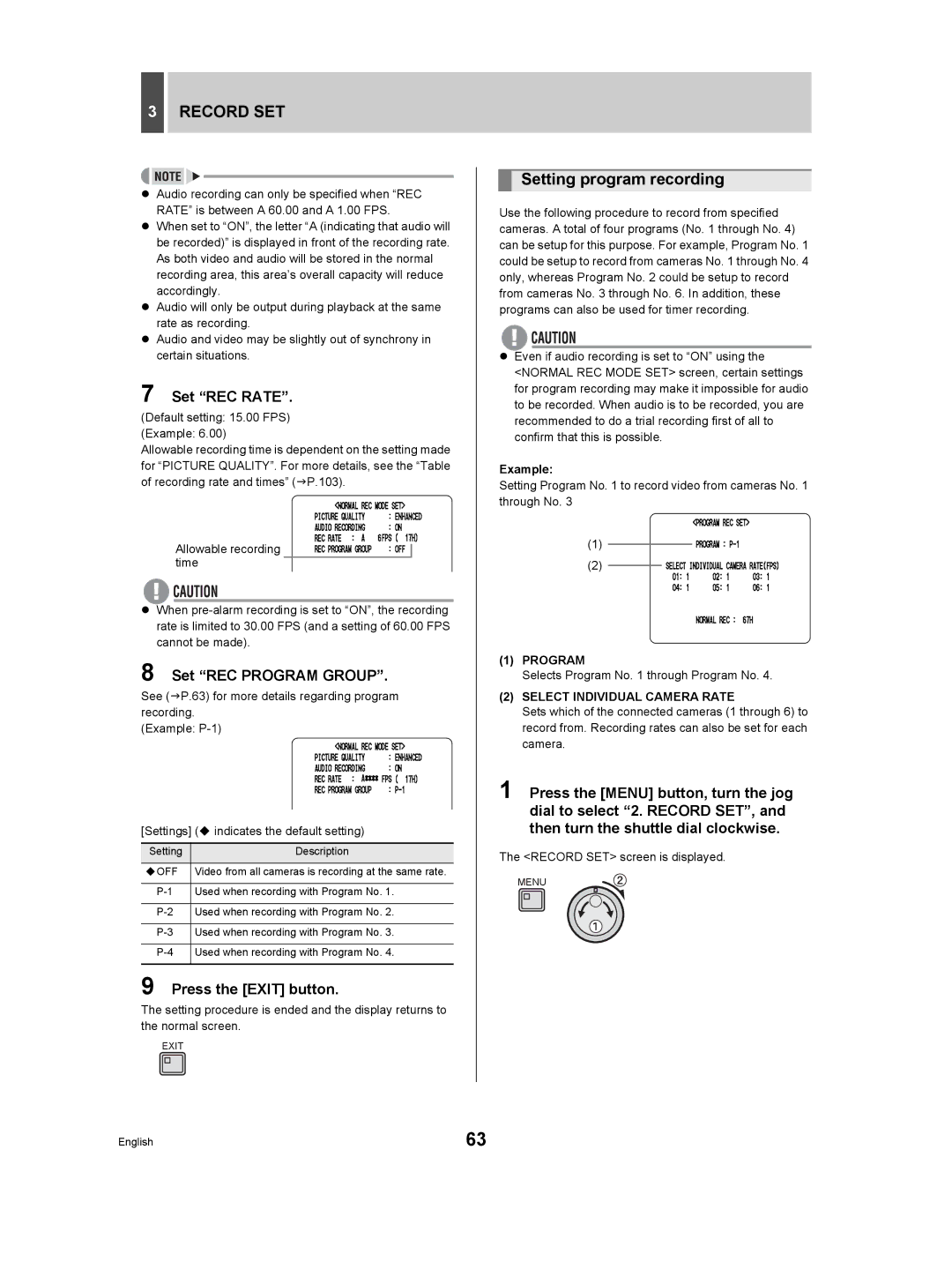 Sanyo DSR-3506P manual Setting program recording, Set REC Rate, Set REC Program Group, Select Individual Camera Rate 