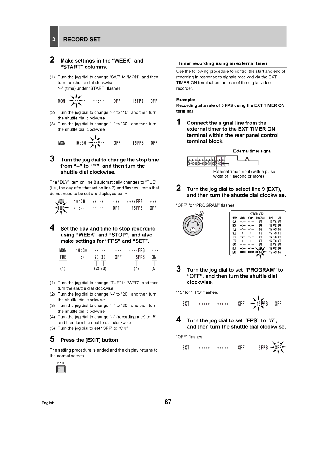 Sanyo DSR-3506P Make settings in the Week and Start columns, Timer recording using an external timer, For FPS flashes 