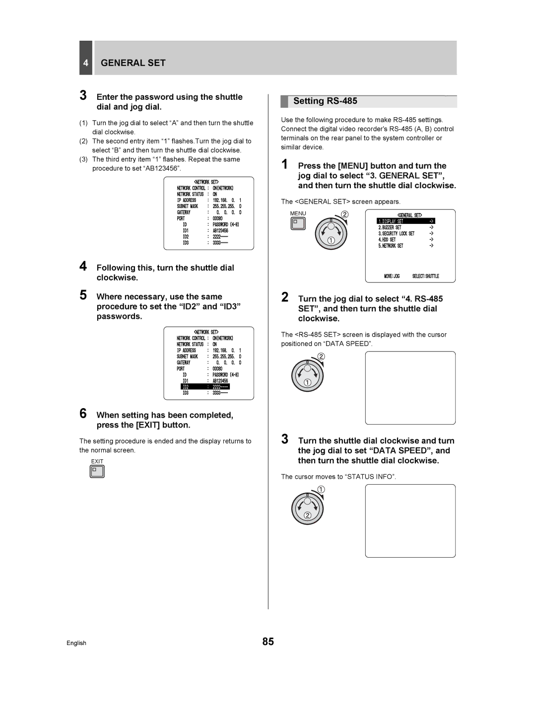 Sanyo DSR-3506P manual Setting RS-485, Enter the password using the shuttle dial and jog dial, General SET screen appears 