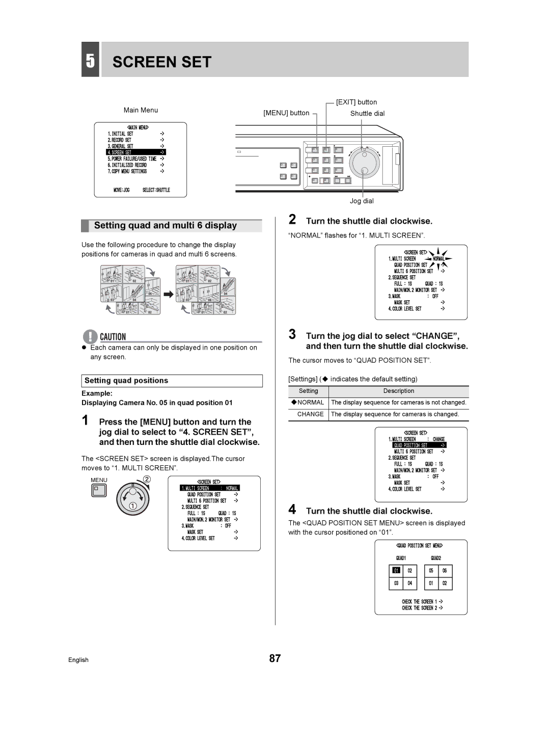 Sanyo DSR-3506P Screen SET, Setting quad and multi 6 display, Setting quad positions, Normal flashes for 1. Multi Screen 