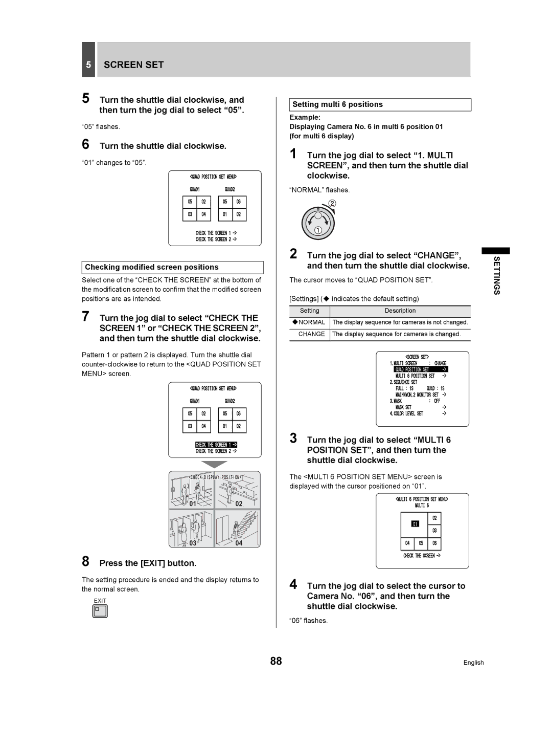 Sanyo DSR-3506P Screen SET, Checking modified screen positions, Setting multi 6 positions, Changes to, Normal flashes 