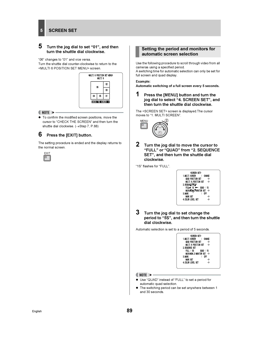 Sanyo DSR-3506P manual Example Automatic switching of a full screen every 5 seconds, 1S flashes for Full 