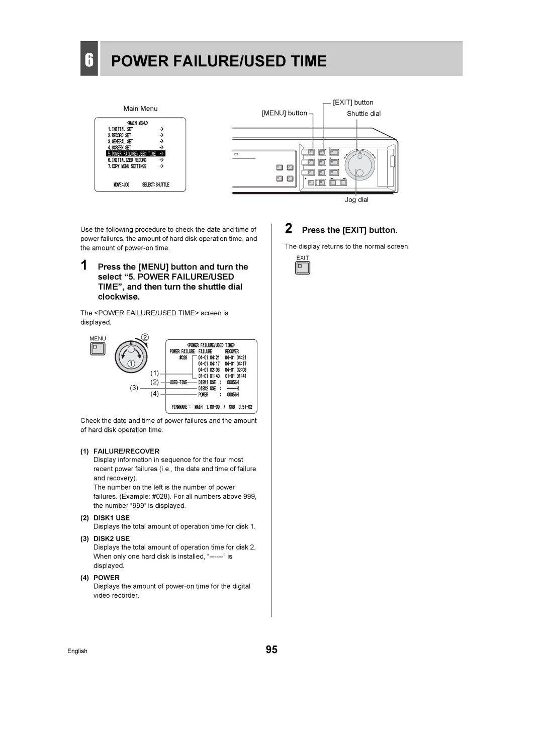 Sanyo DSR-3506P manual Power FAILURE/USED Time, Failure/Recover, DISK1 USE, DISK2 USE 