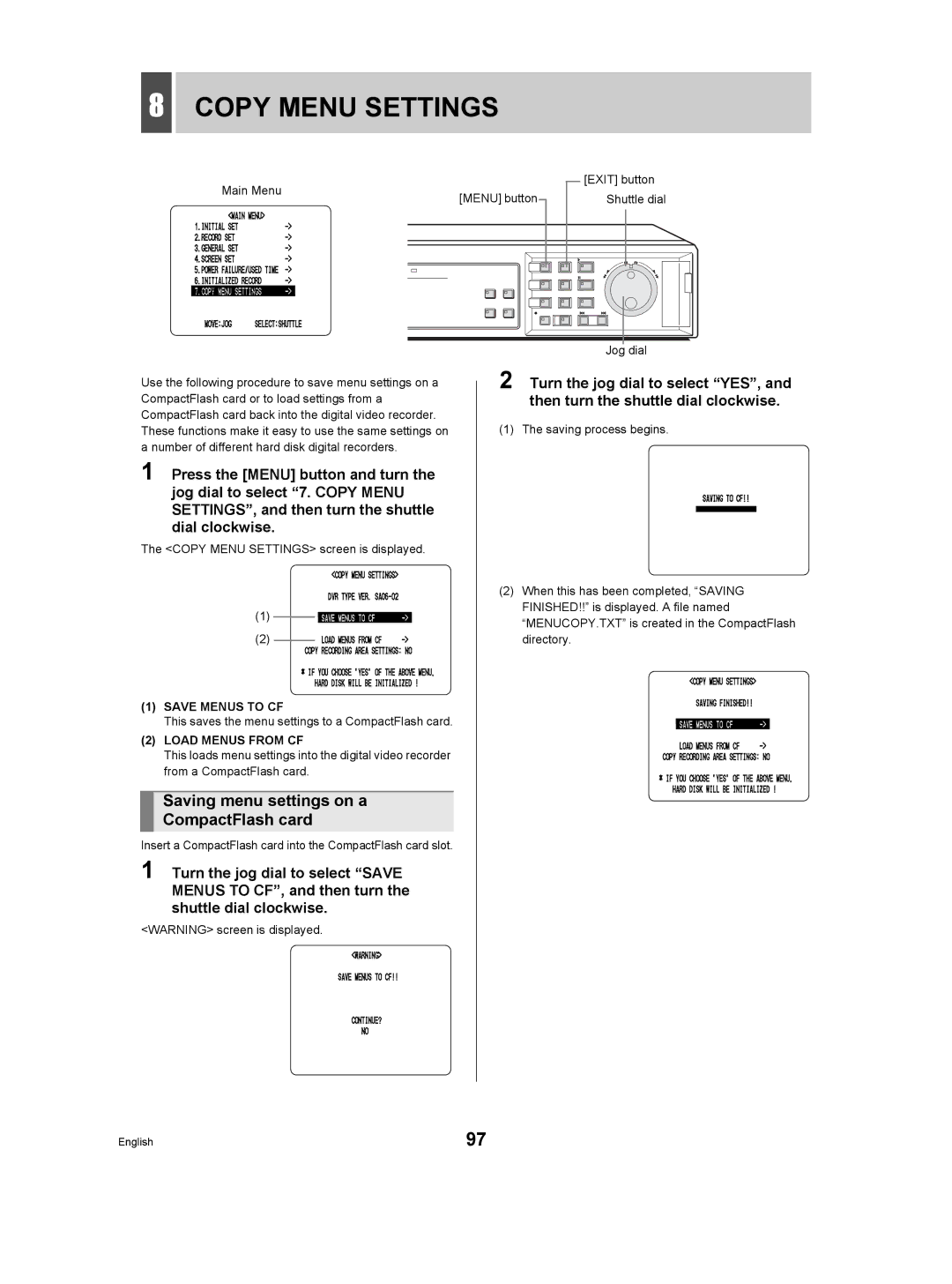 Sanyo DSR-3506P Copy Menu Settings, Saving menu settings on a CompactFlash card, Save Menus to CF, Load Menus from CF 