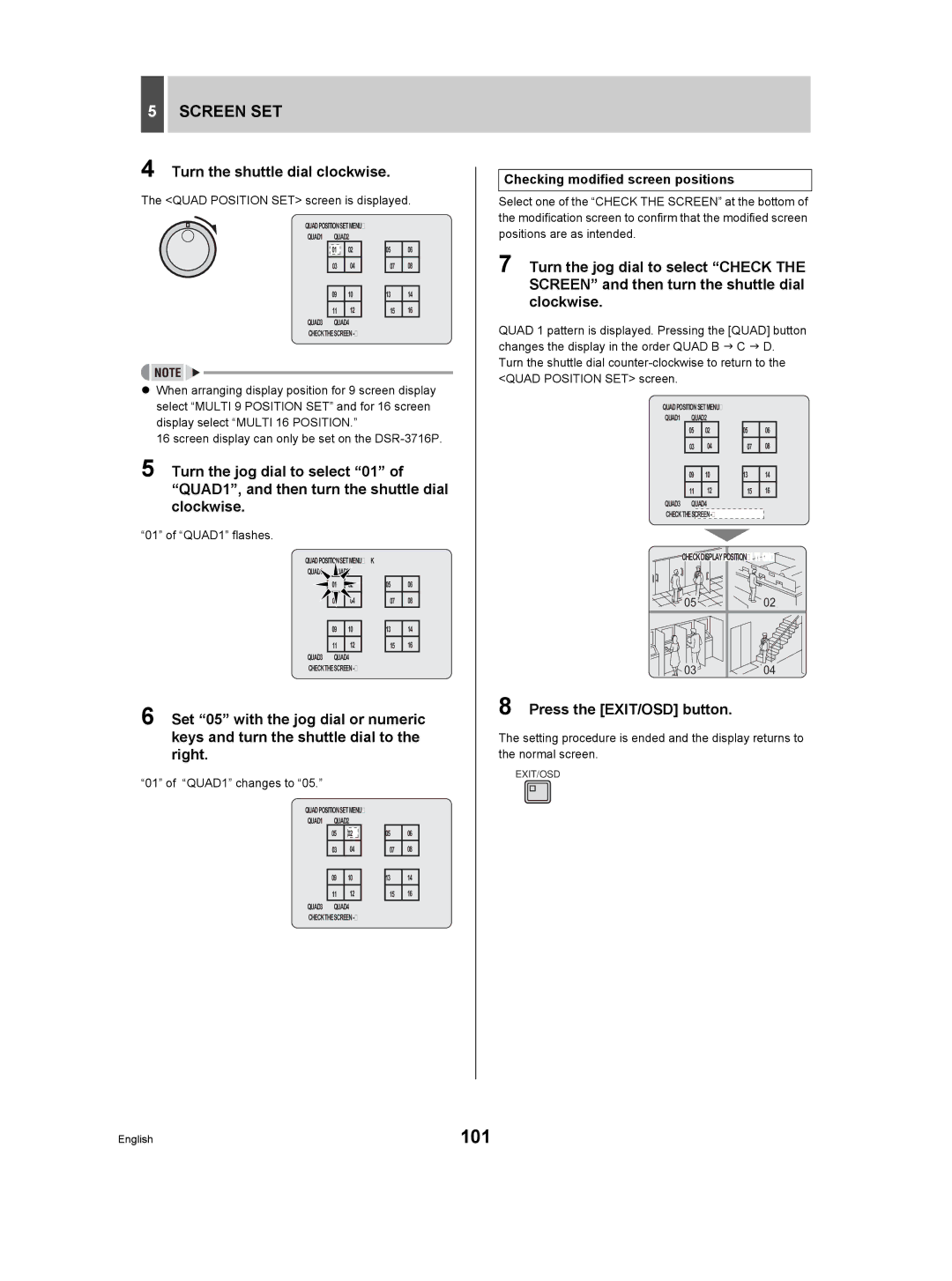 Sanyo DSR-3709P manual 101, Screen SET, Checking modified screen positions 