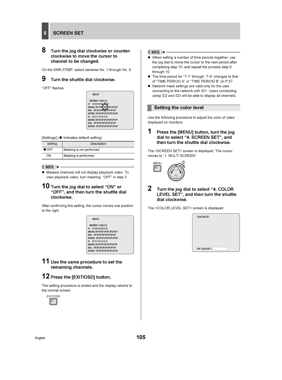 Sanyo DSR-3709P manual 105, Setting the color level, Color Level SET screen is displayed 