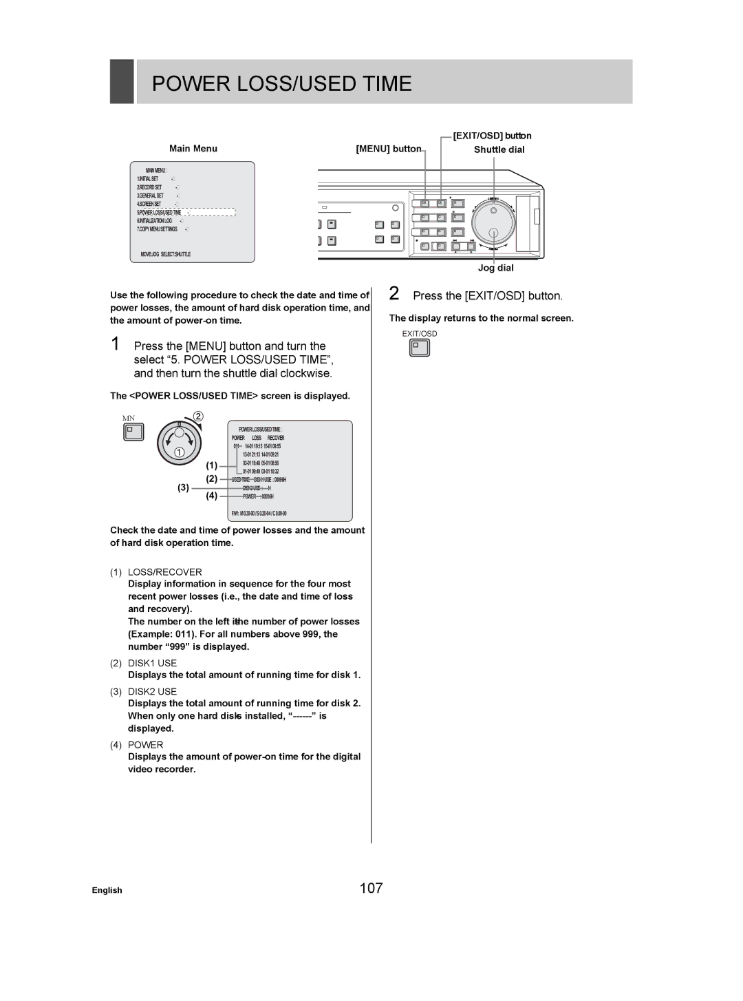 Sanyo DSR-3709P manual Power LOSS/USED Time, 107 