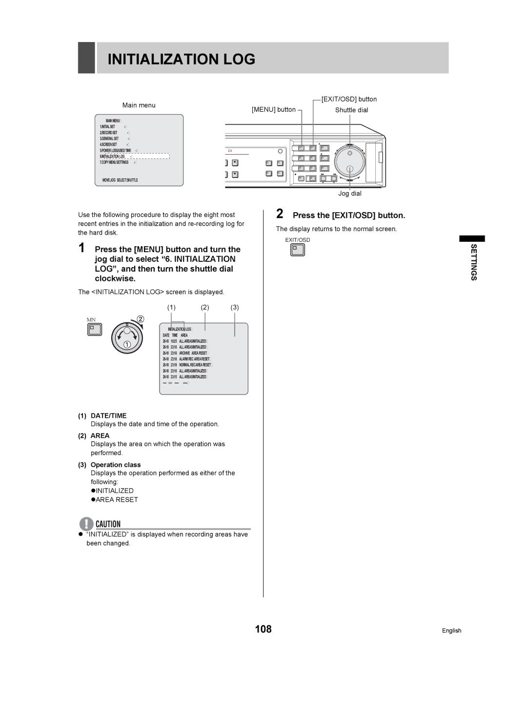 Sanyo DSR-3709P manual Initialization LOG, Area, Operation class 